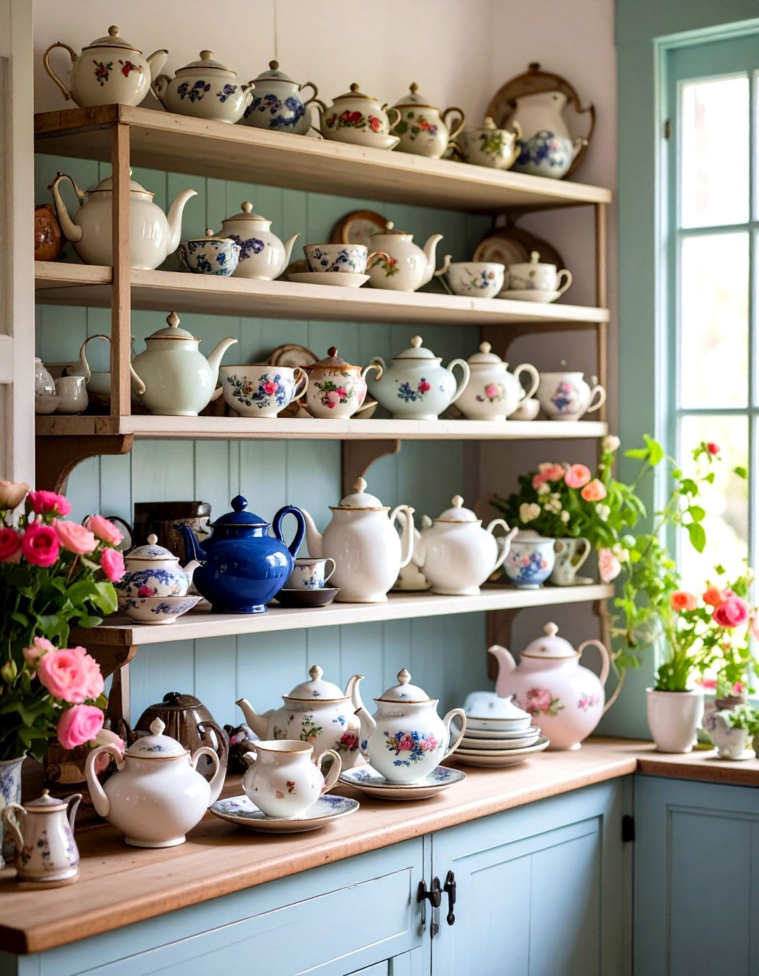 Vintage Teapot Kitchen Display - 24 Cottagecore Interior Design Ideas