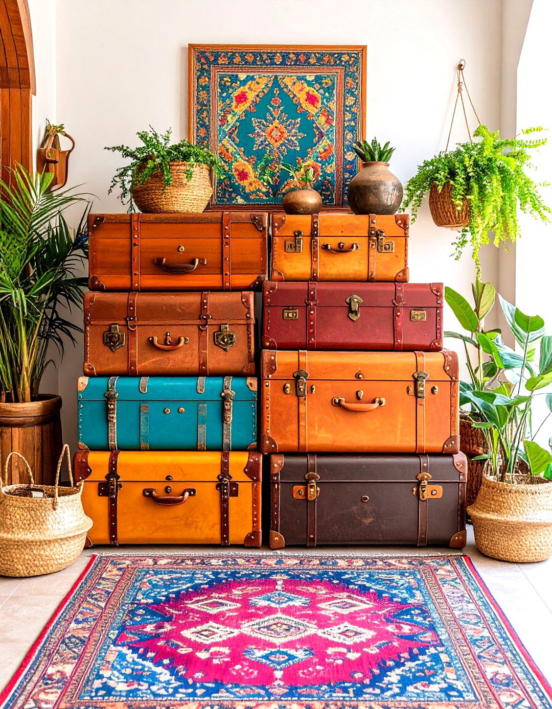 Vintage Trunk Storage Hallway - 24 Boho Hallway Ideas