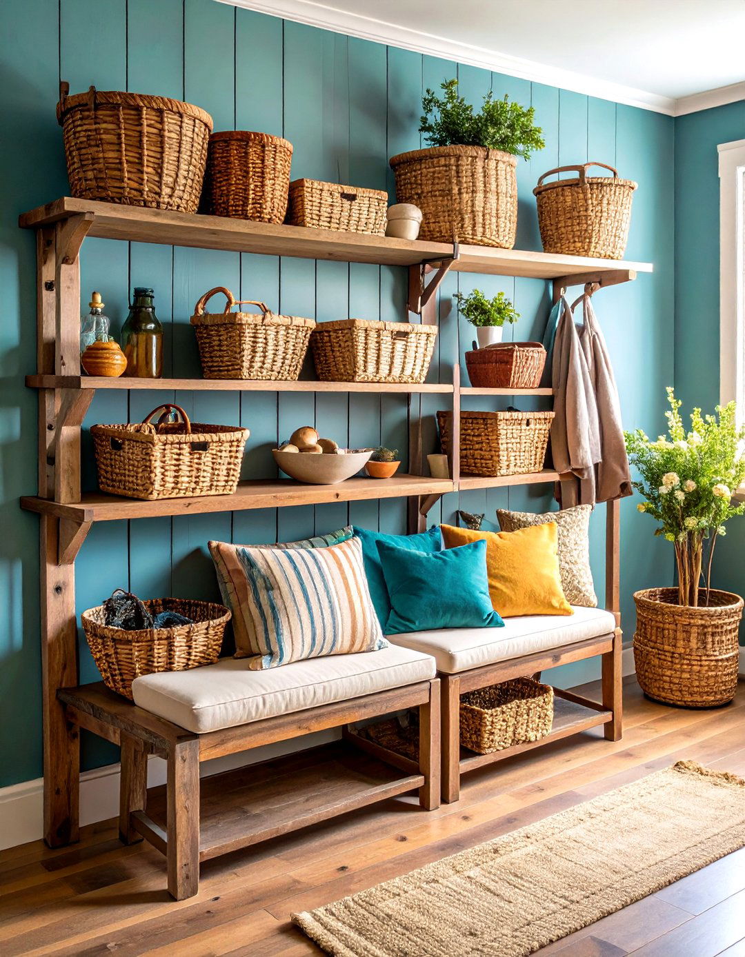 Vintage Wicker Basket Storage System - 24 Farmhouse Mudroom Ideas