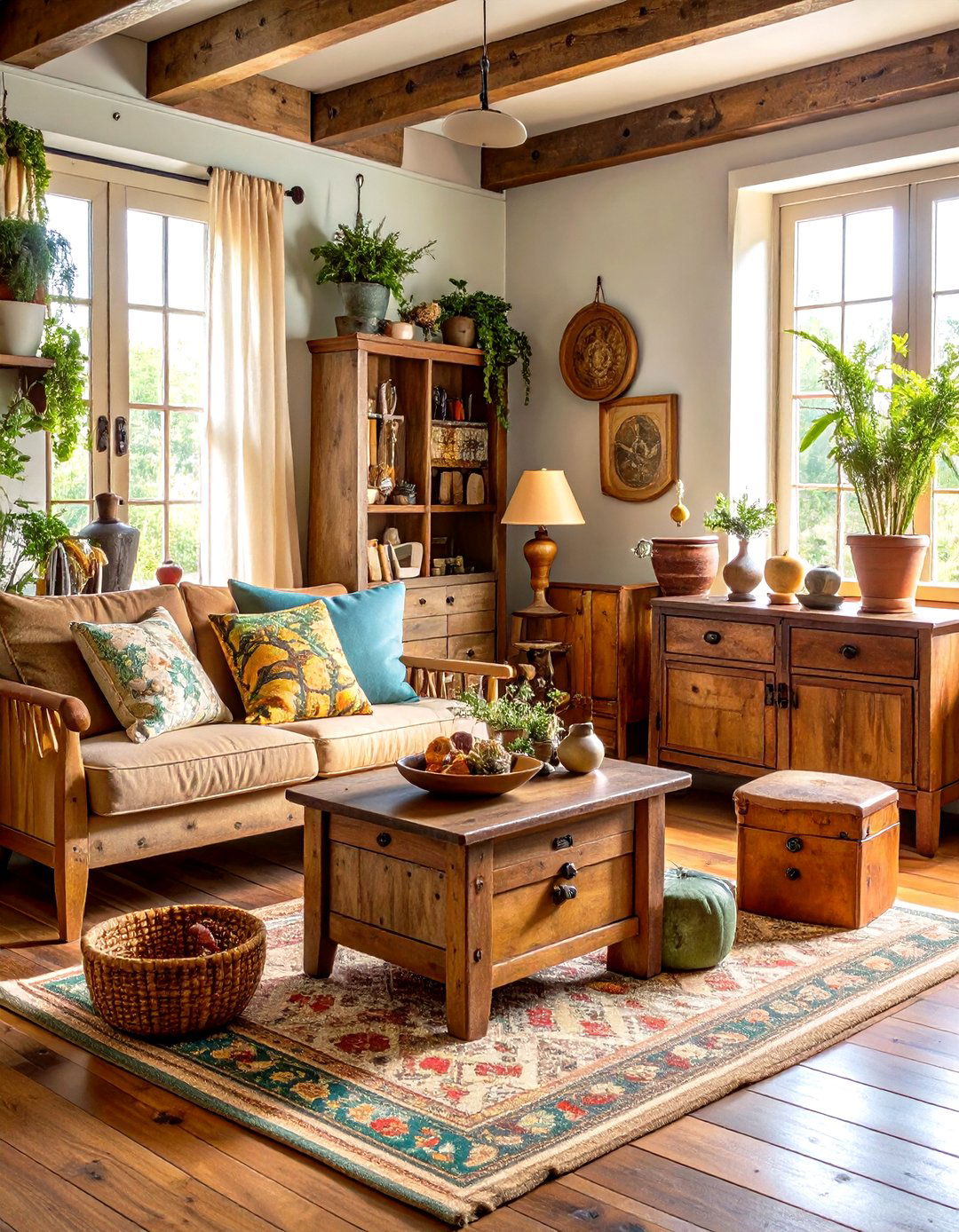 Vintage Wooden Accent Living Room Pieces - 24 Earthy Living Room Decor Ideas