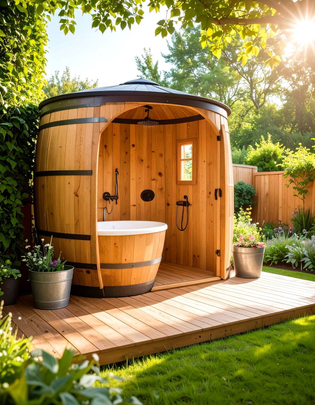 Vintage Wooden Barrel Shower - 24 Rustic Outdoor Bathroom Ideas