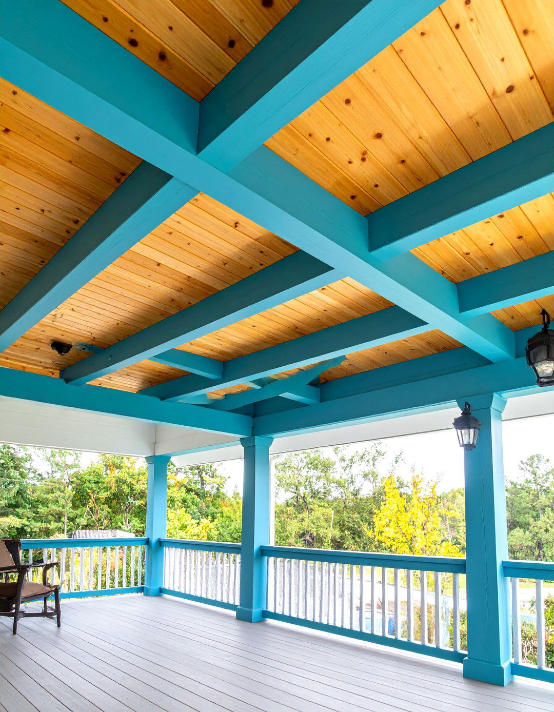 Vinyl Ceiling with Faux Exposed Beam Accents - 24 Vinyl Porch Ceiling Ideas