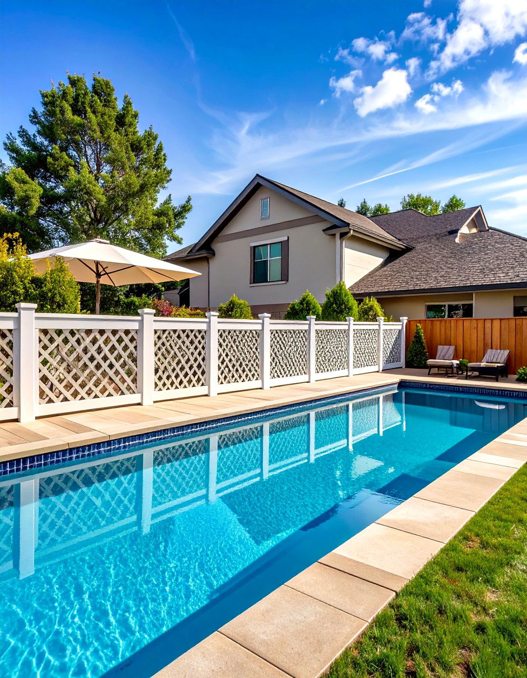 Vinyl Pool Fence with Lattice Top Accent Panels - 24 Pool Fence Ideas