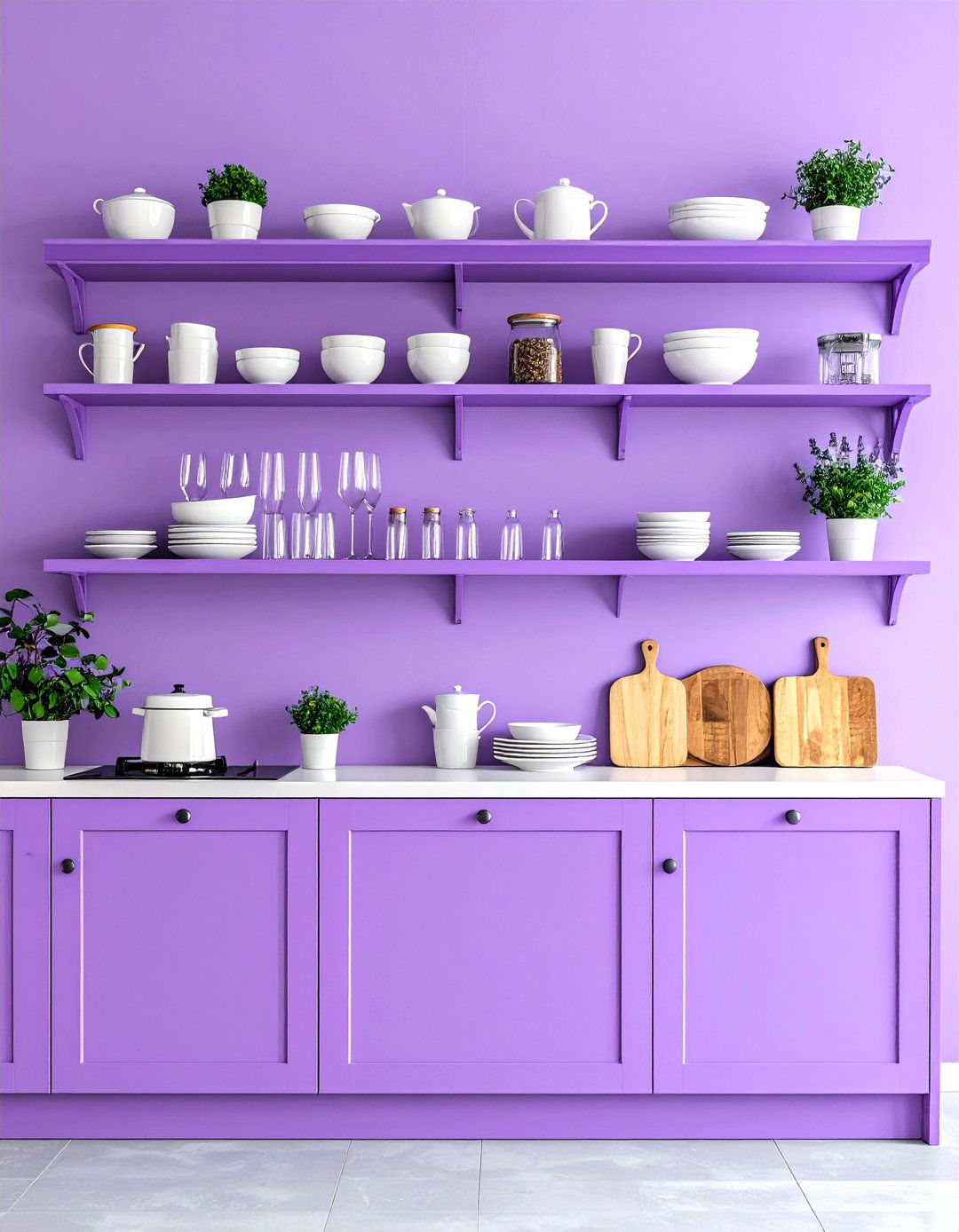 Violet Open Shelving Kitchen Display - 24 Purple Kitchen Ideas