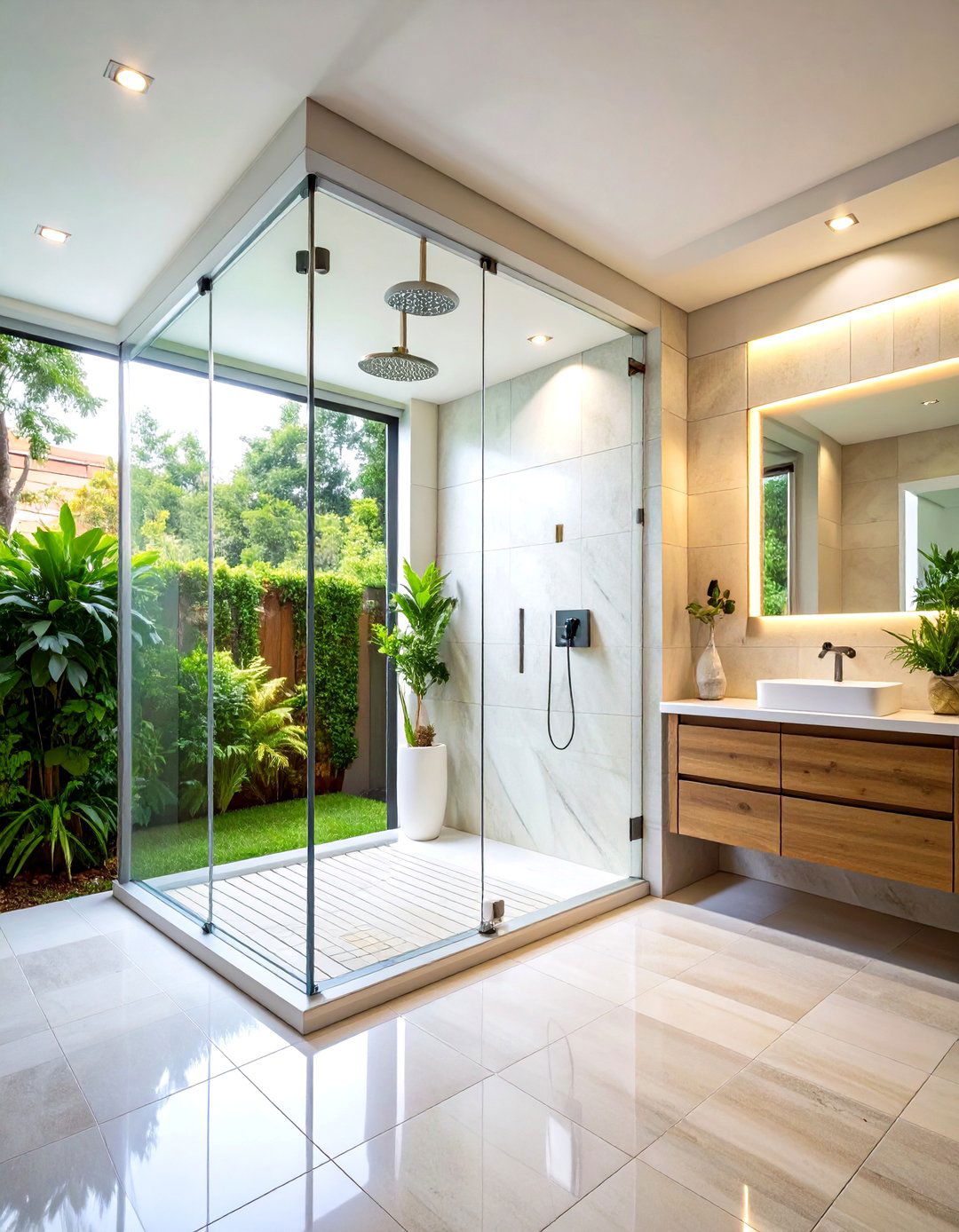 Walk In Shower with Glass Partition - 24 Small White Bathroom Ideas