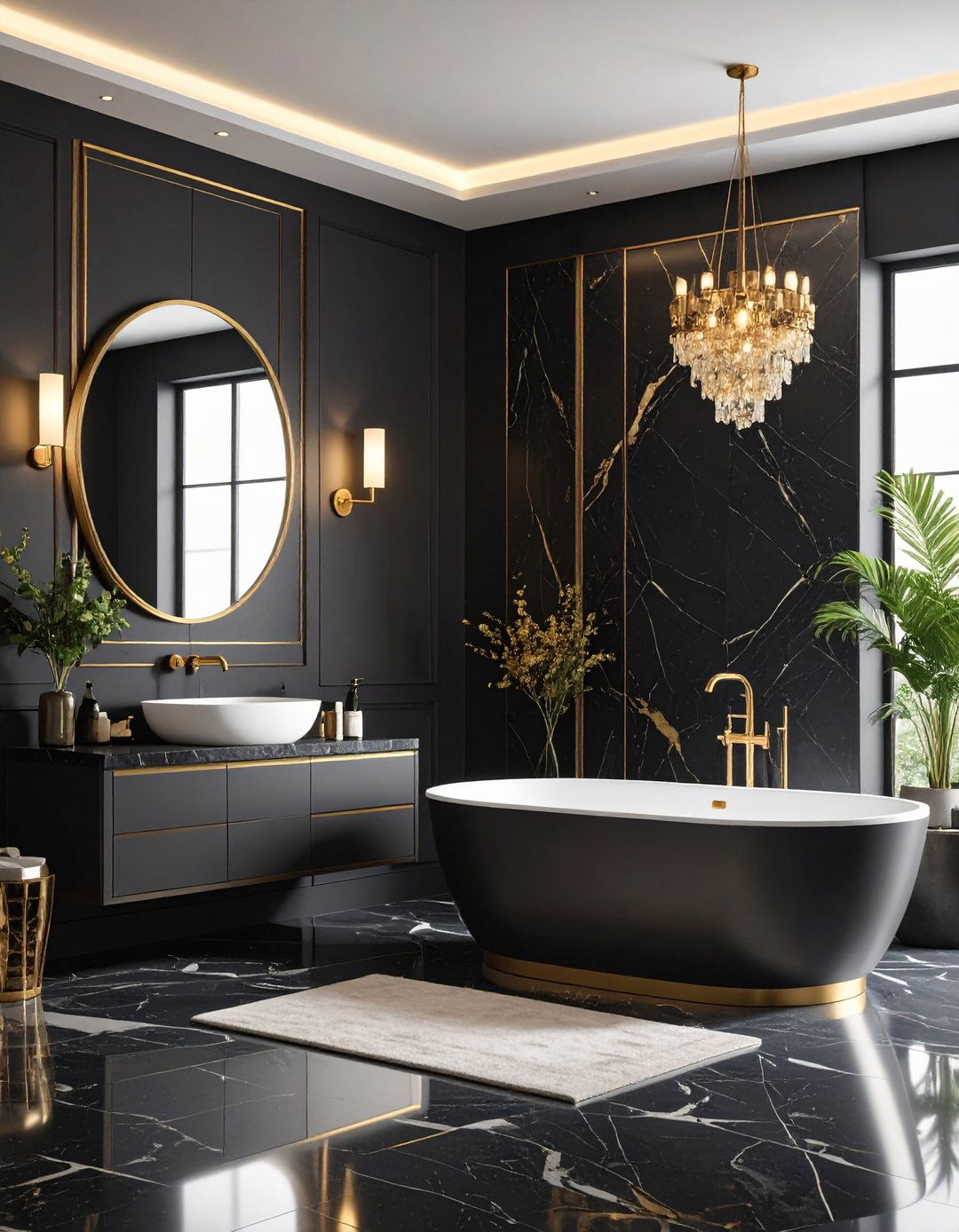 Wallpaper Feature Wall Artistry - 24 Black and Gold Bathroom Ideas