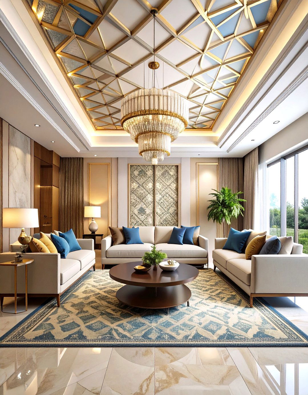 Wallpapered Ceiling with Geometric Patterns - 24 Living Room Ceiling Ideas