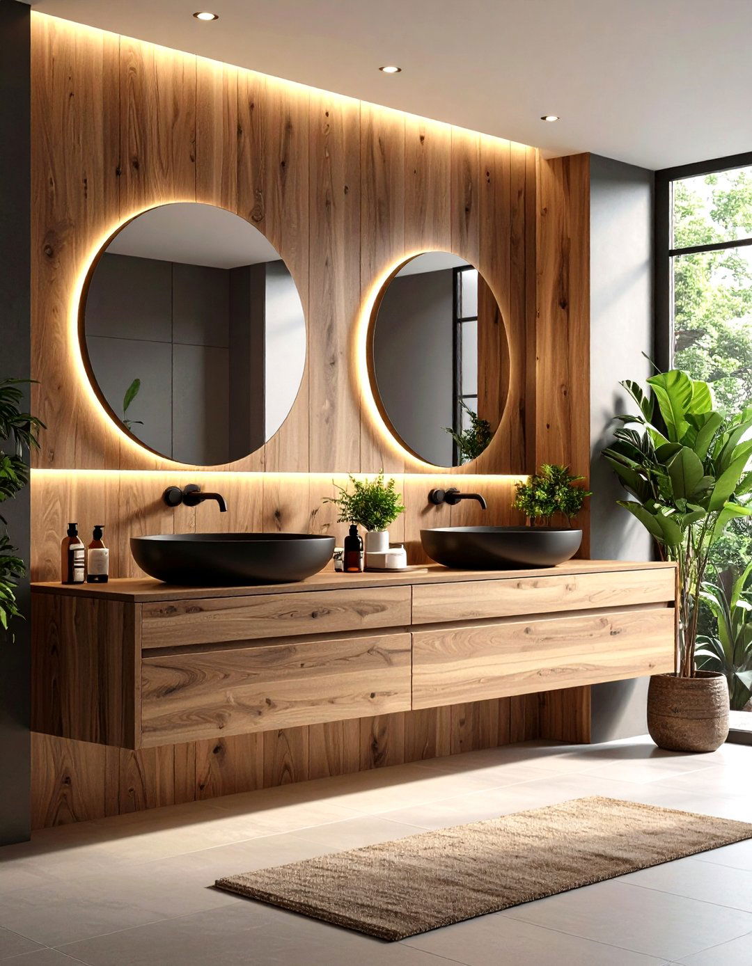 Walnut Floating Vanity with Black Vessel Sink - 24 brown and black bathroom ideas