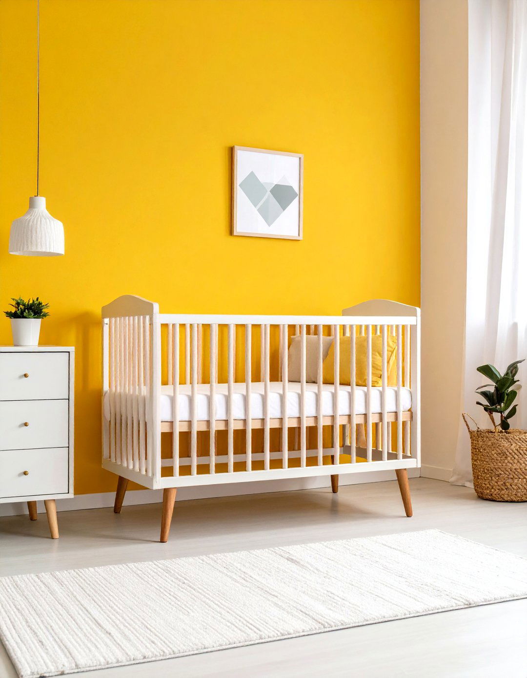Walnut Wood Crib with Geometric Wall Art - 24 Mid-century Modern Nursery Ideas