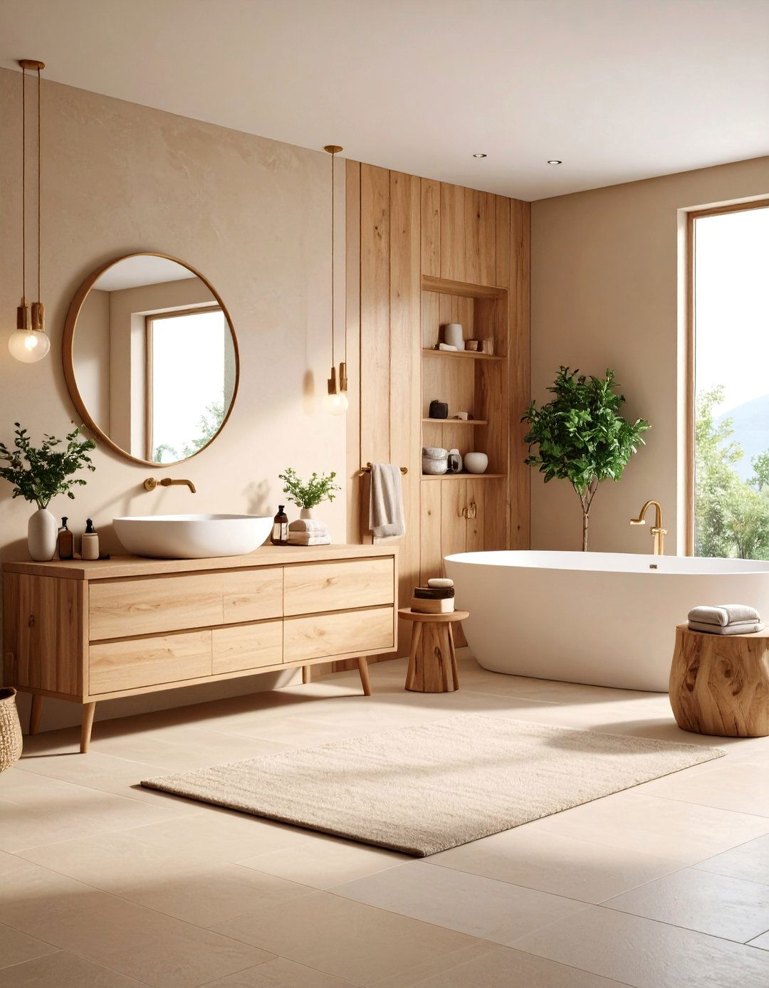 Warm Beige Bathroom with Natural Wood - 24 Bathroom Color Ideas