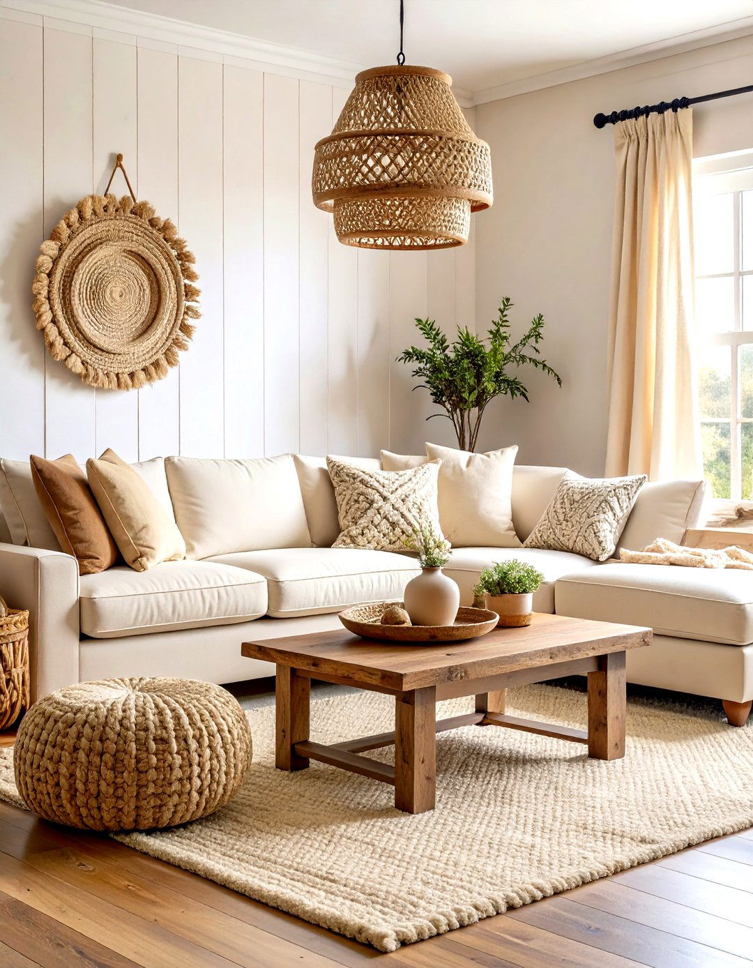 Warm Beige Farmhouse Living Room with Shiplap Accents - 24 Neutral Living Room Ideas