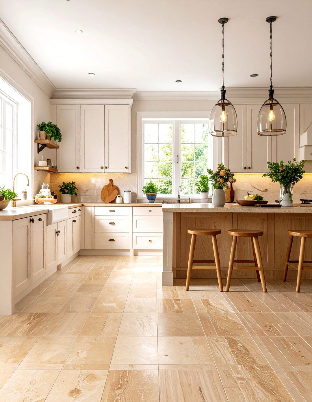 Warm Beige Travertine Style Marble - 24 Marble Kitchen Floor Ideas
