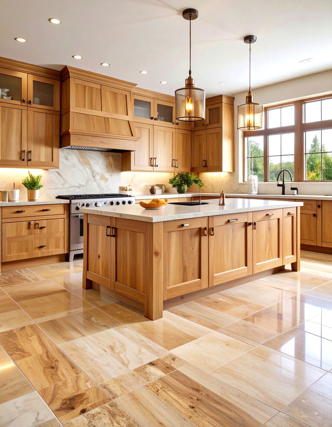 Warm Beige Travertine with Natural Wood Elements - 24 Travertine Floor Kitchen Ideas