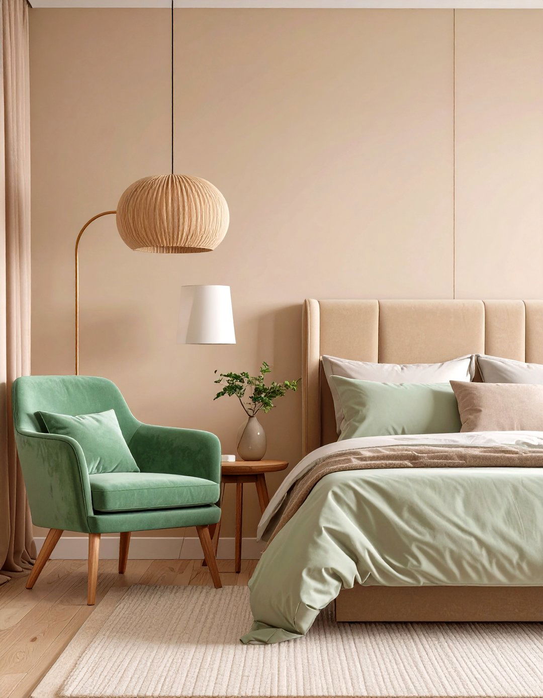 Warm Beige Walls with Cool Green Accents - 24 Green and Beige Bedroom Ideas
