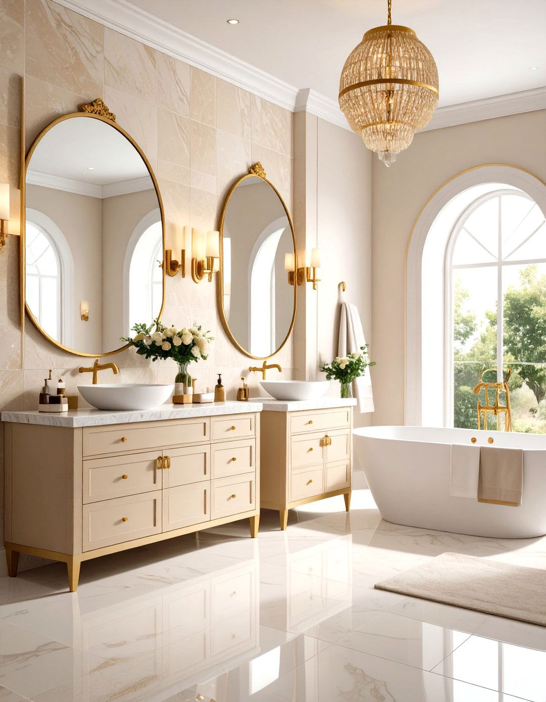 Warm Beige and Gold Transitional Bathroom - 24 Gold Bathroom Ideas