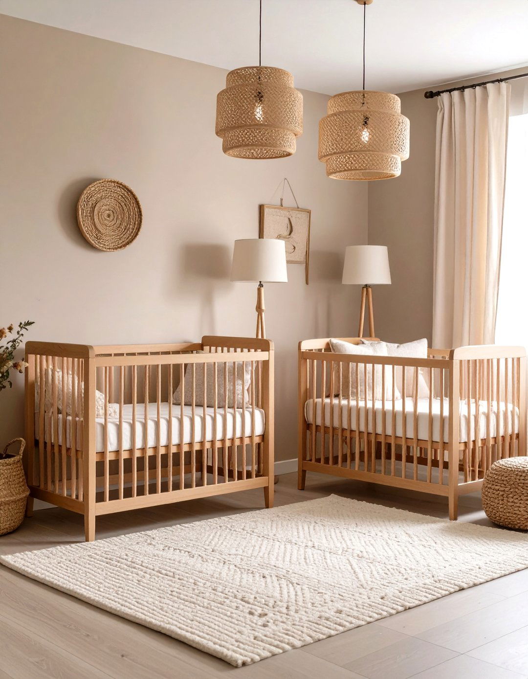 Warm Beige and Natural Wood Twin Space - 24 Twin Nursery Ideas