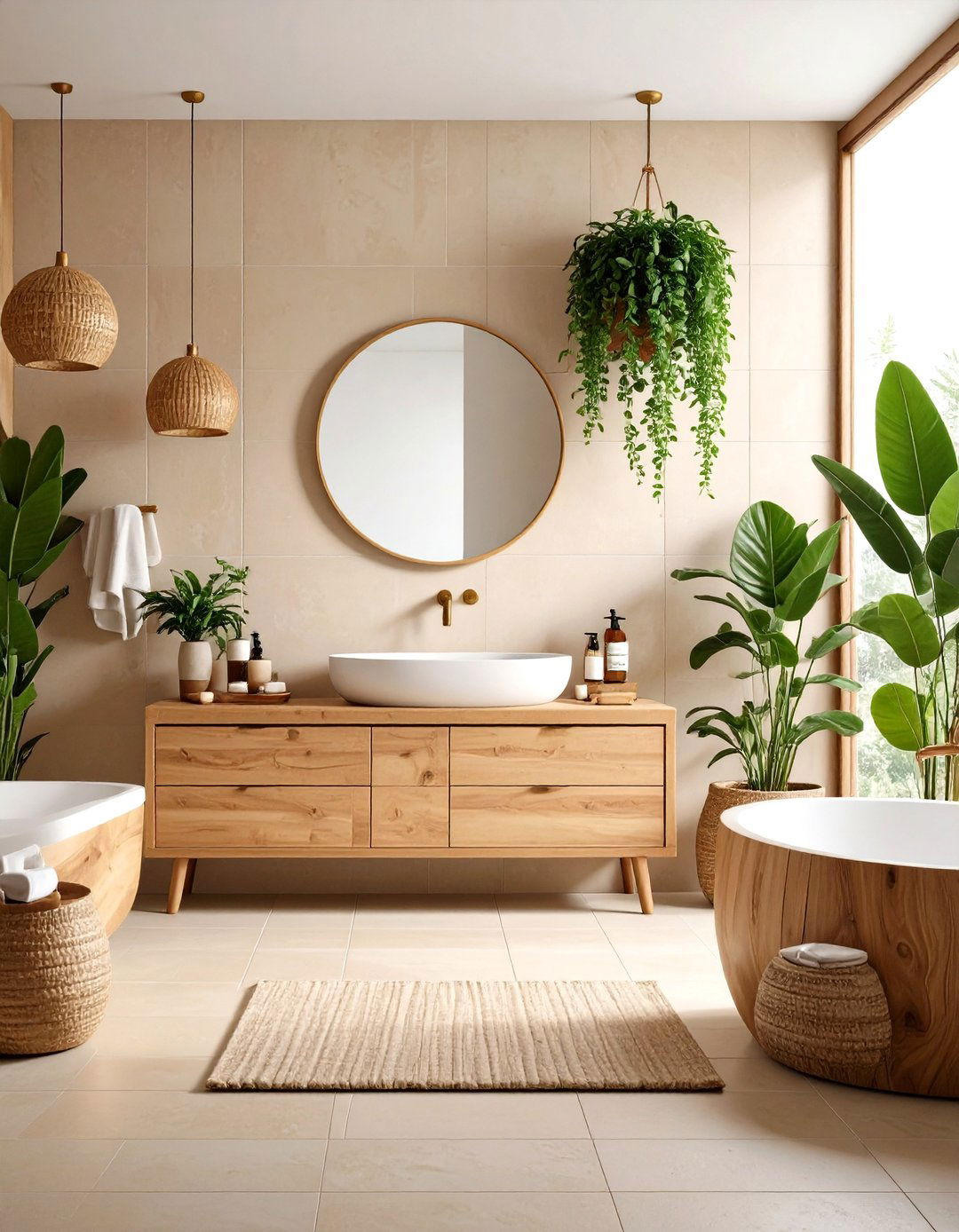 Warm Beige with Natural Wood Accents - 24 Beige Bathroom Ideas