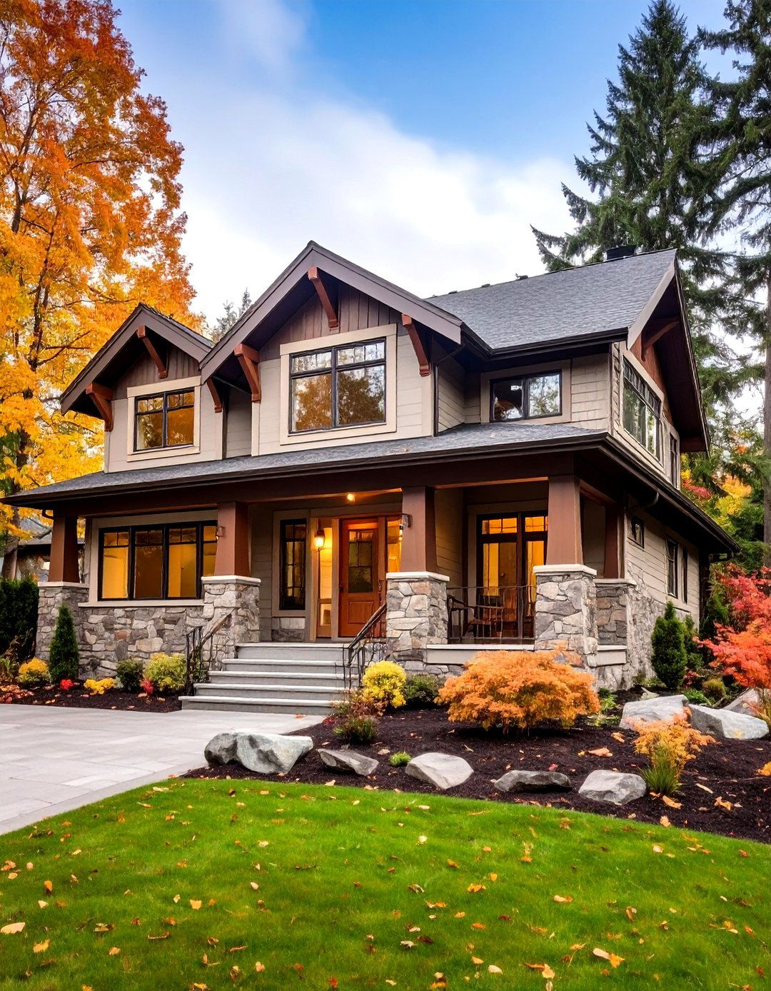 Warm Greige Exterior with Natural Stone - 24 Gray Exterior House Paint Ideas