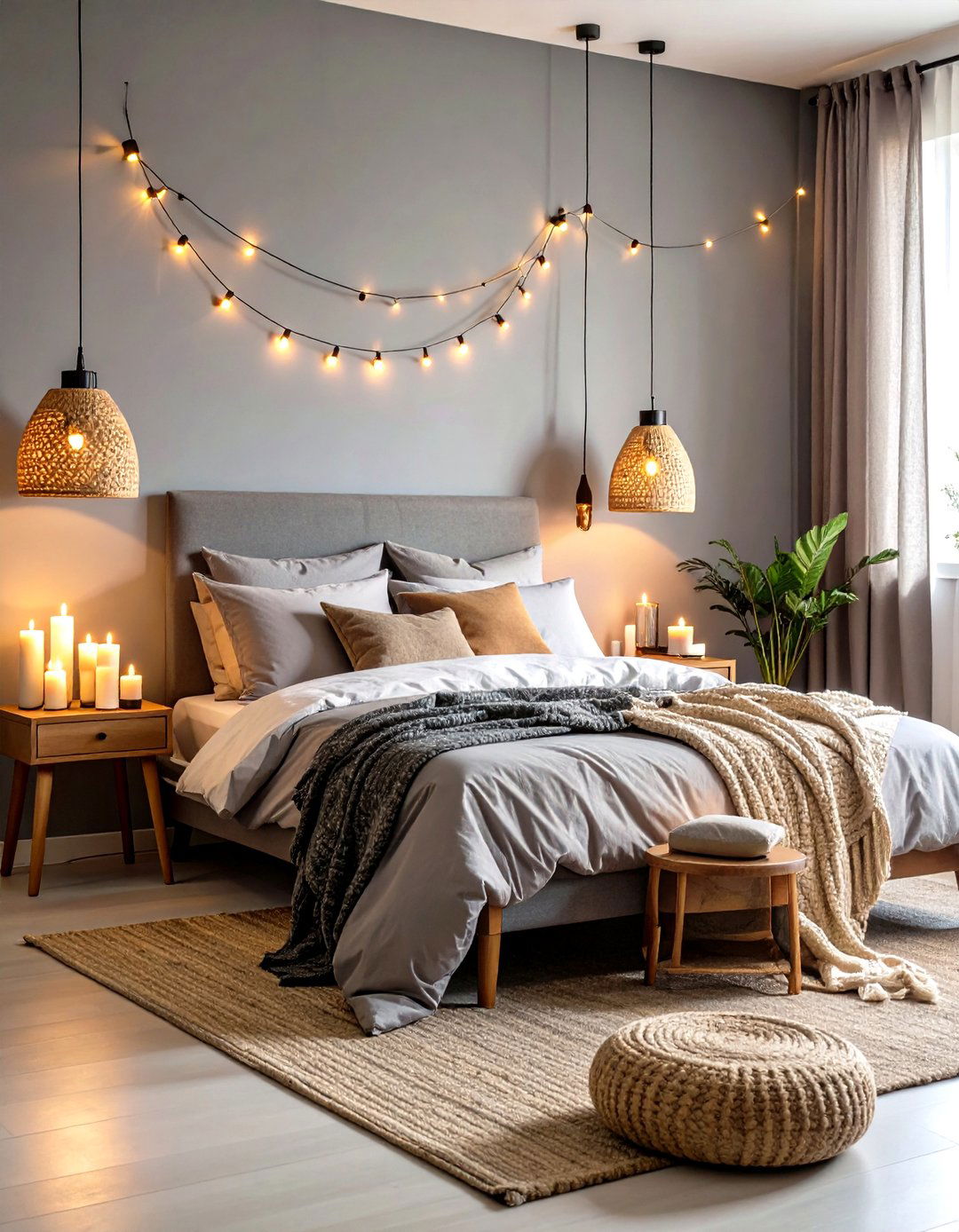 Warm Lighting Grey Boho Bedroom Ambiance - 24 Grey Boho Bedroom Ideas