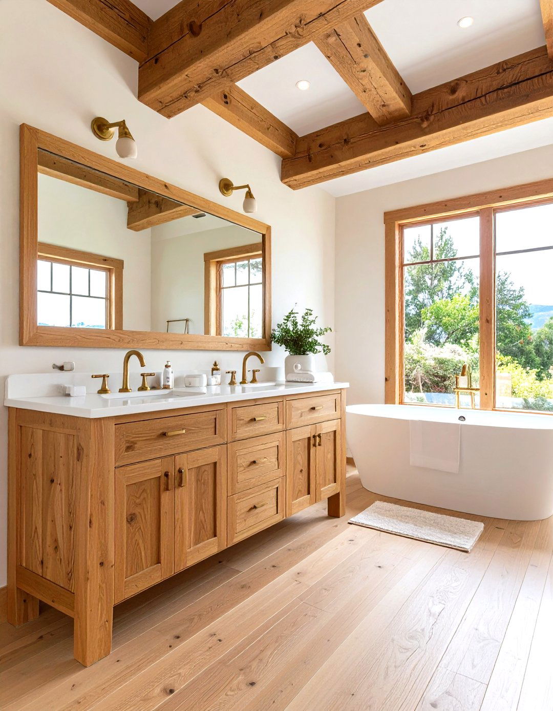 Warm Wood Bathroom with Honey Toned Elements - 24 Japandi Bathroom Ideas
