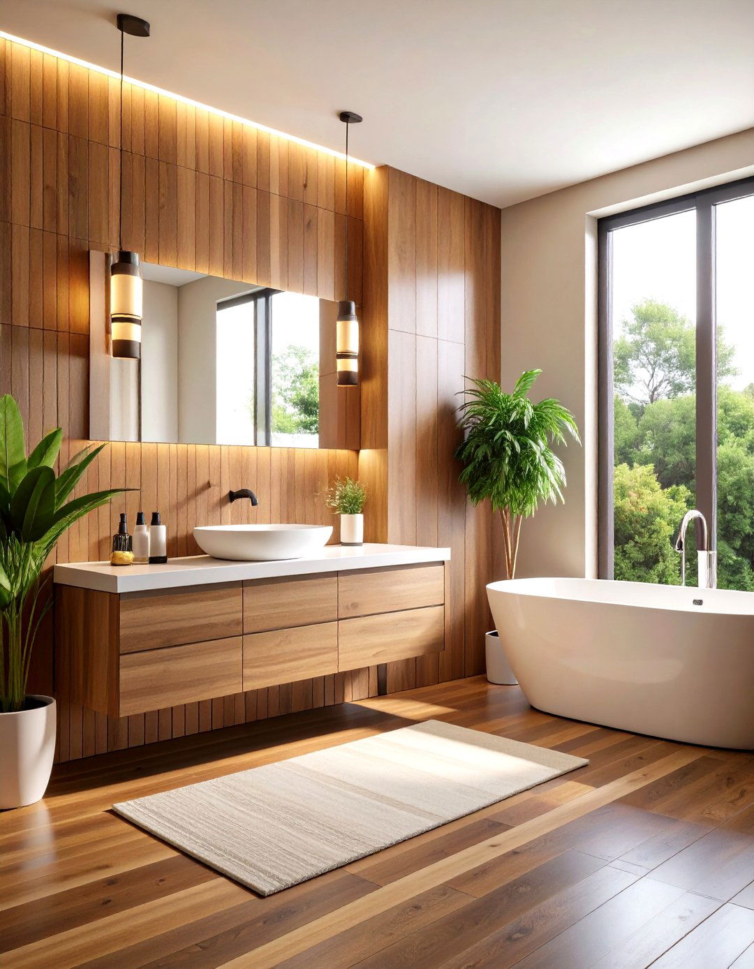 Warm Wood Look Ceramic Backsplash - 24 Bathroom Backsplash Ideas