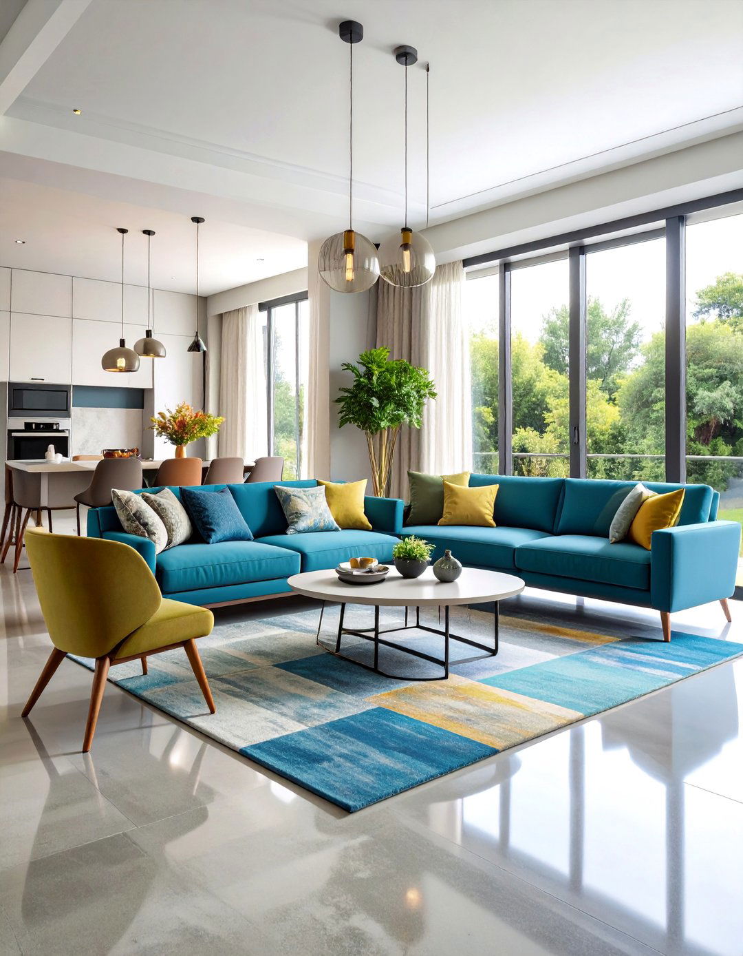 Water Based Stained Concrete Floor with Vibrant Color Accents - 24 Concrete Floor Living Room Ideas