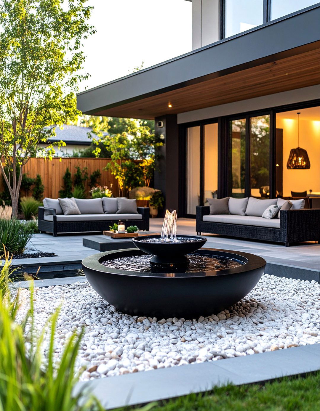 Water Feature Focal Point - 24 Black and White Patio Ideas