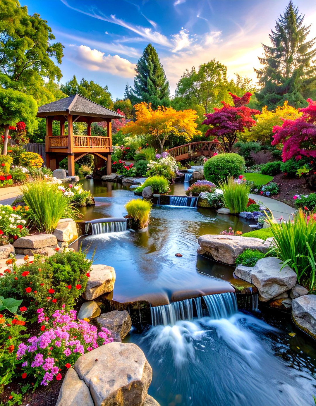 Water Feature Garden with Stream System - 24 Large Backyard Ideas
