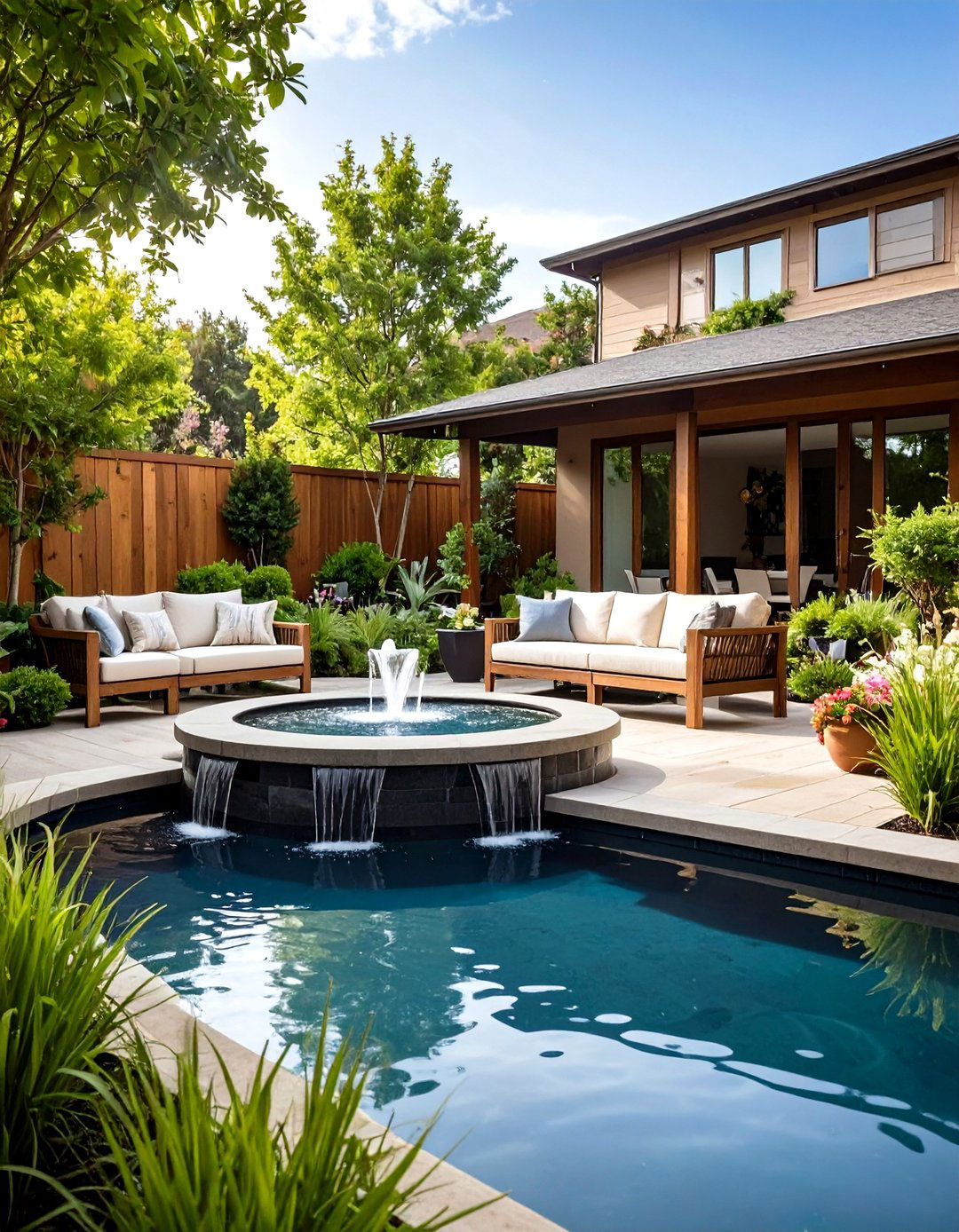 Water Feature Patio with Reflecting Pool - 24 Front Yard Patio Ideas