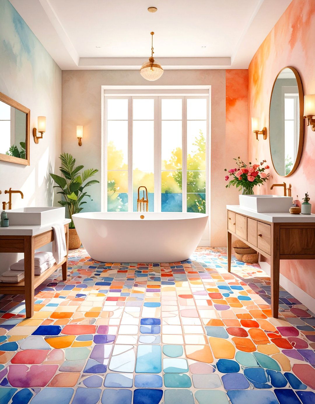 Watercolor Blend Artistic Effect - 24 Penny Tile Bathroom Floor Ideas