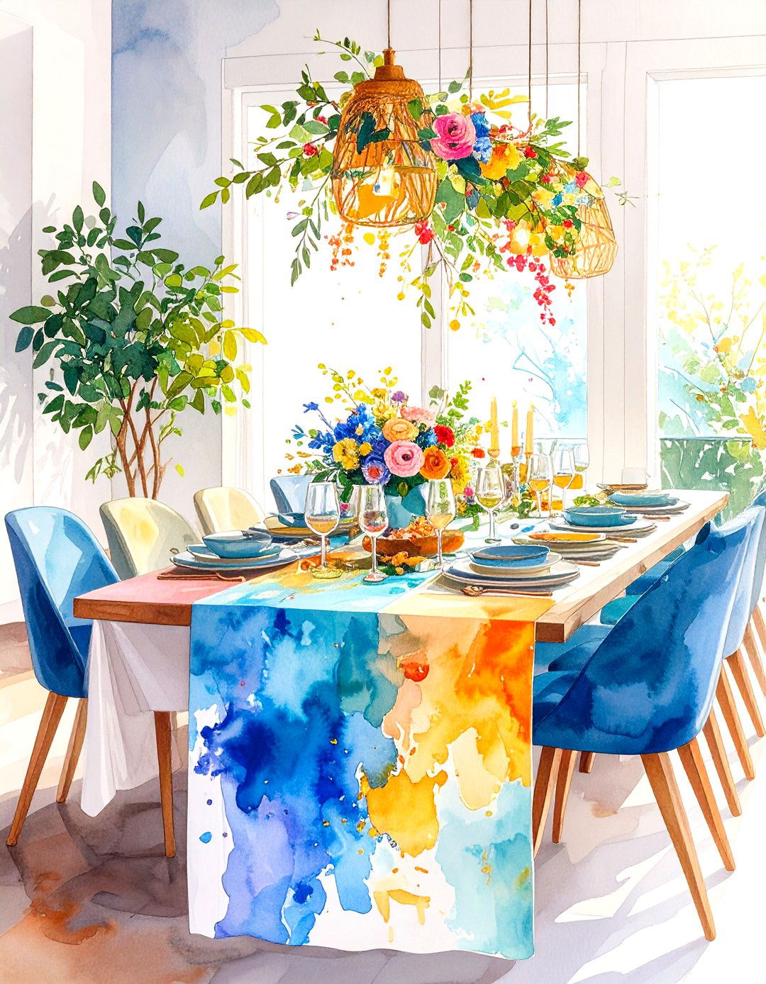 Watercolor Table Runner with Artistic Paint Effects - 24 Table Runner Ideas