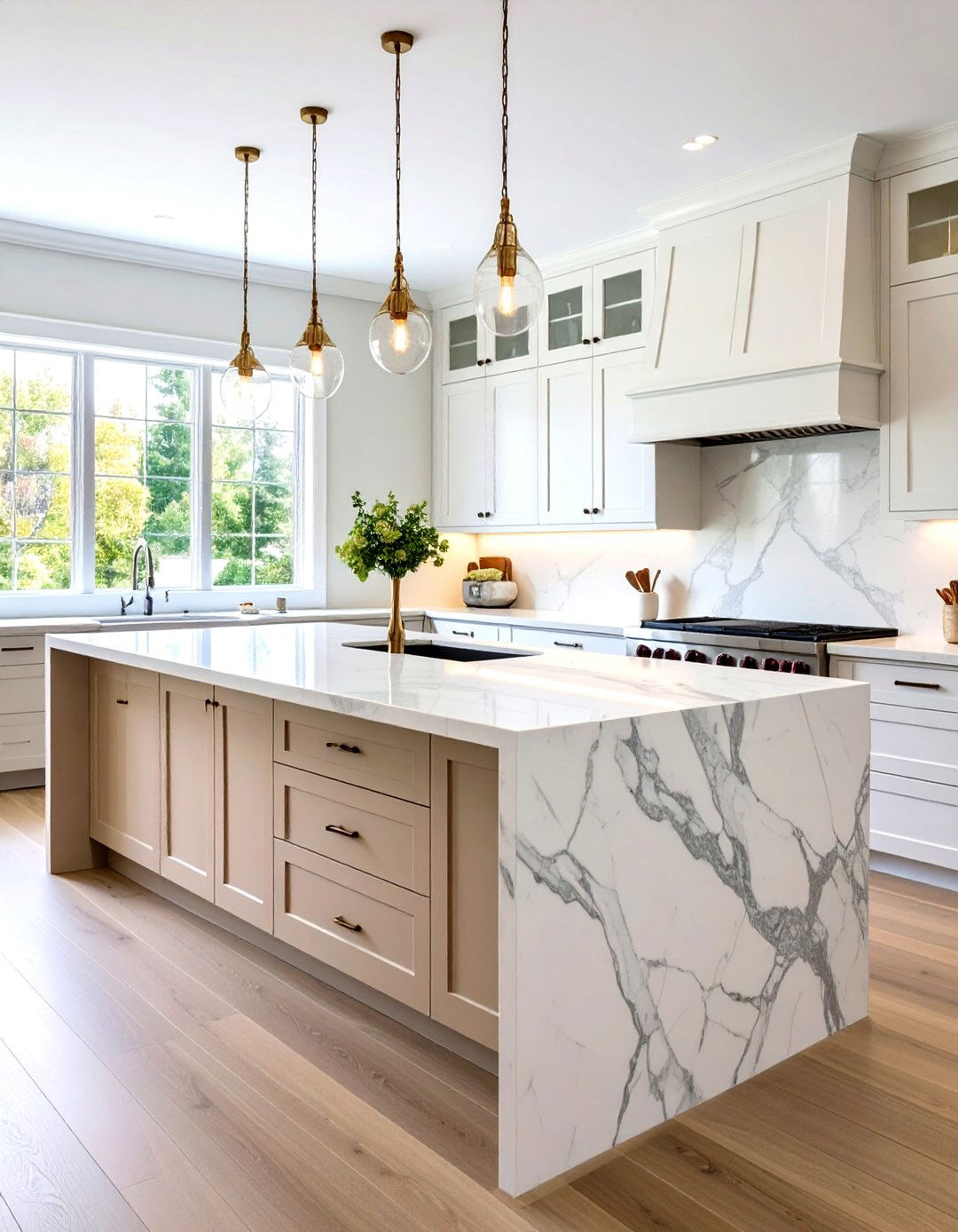 Waterfall Edge Marble Farmhouse Island - 24 Farmhouse Kitchen Island Ideas