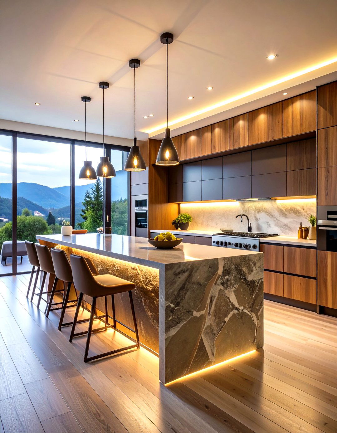 Waterfall Island Kitchen with Dramatic Countertop Design - 24 Modern Kitchen Ideas
