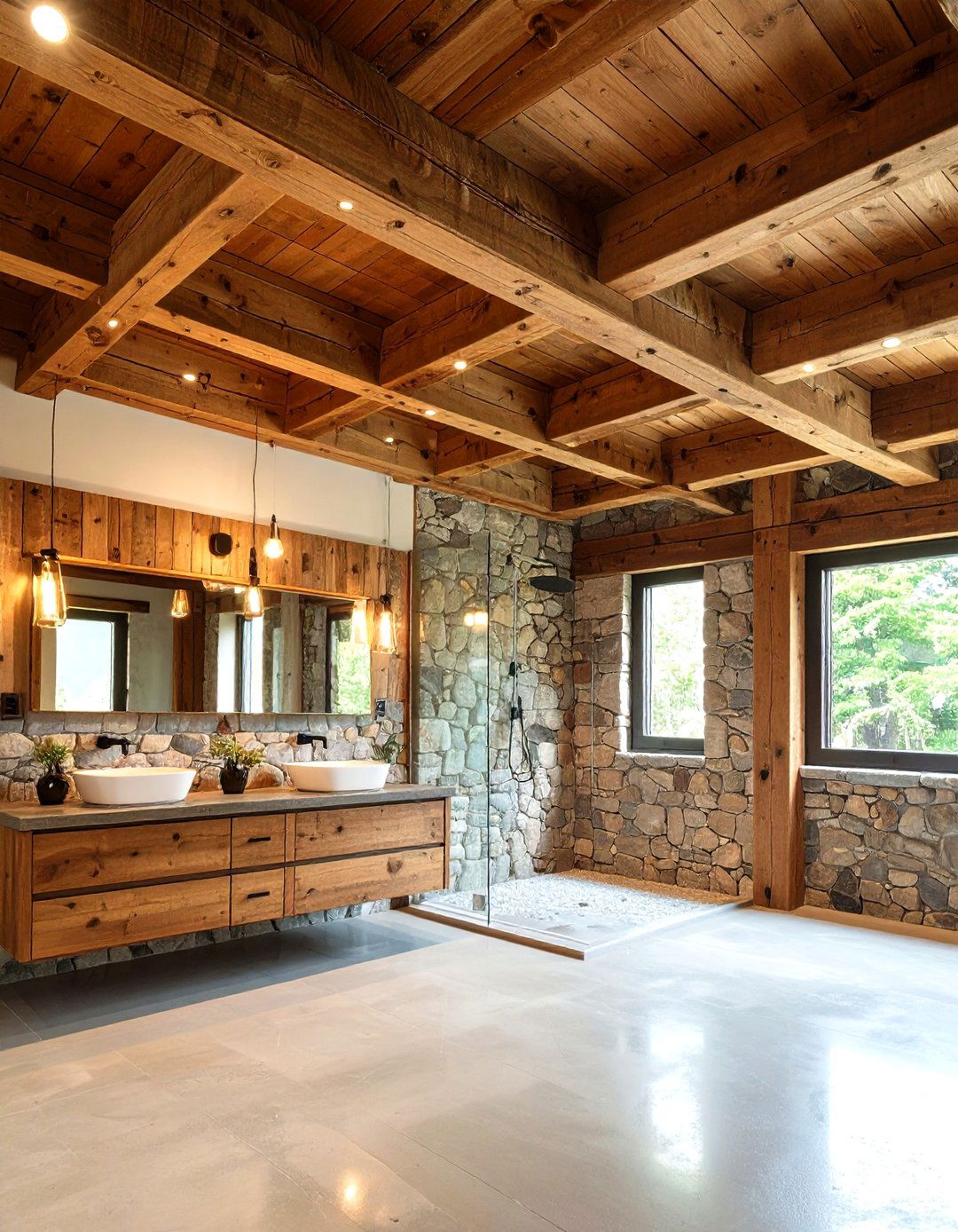 Weathered Wood Beam Ceiling - 24 Rustic Walk-in Shower Ideas