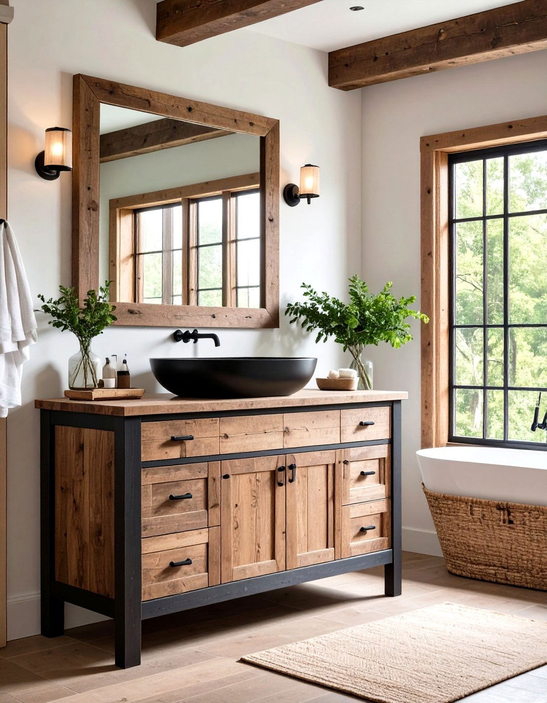 Weathered Wood Vanity with Black Vessel Sink - 24 Black and Wood Bathroom Ideas