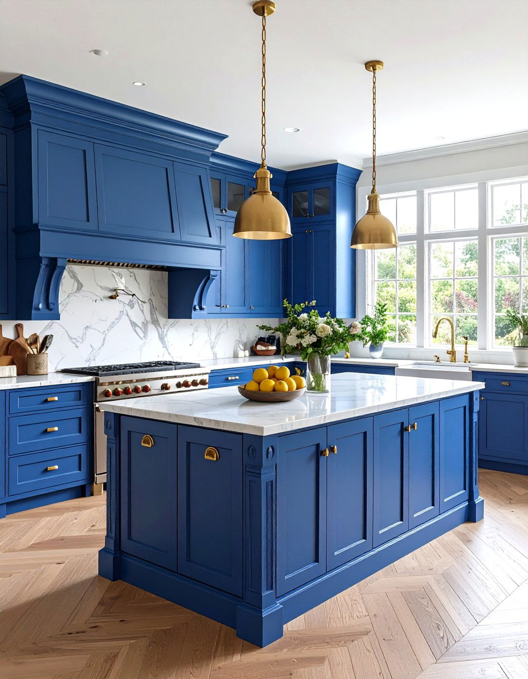 Wedgwood Blue Traditional Island with Crown Molding - 24 Blue Kitchen Island Ideas