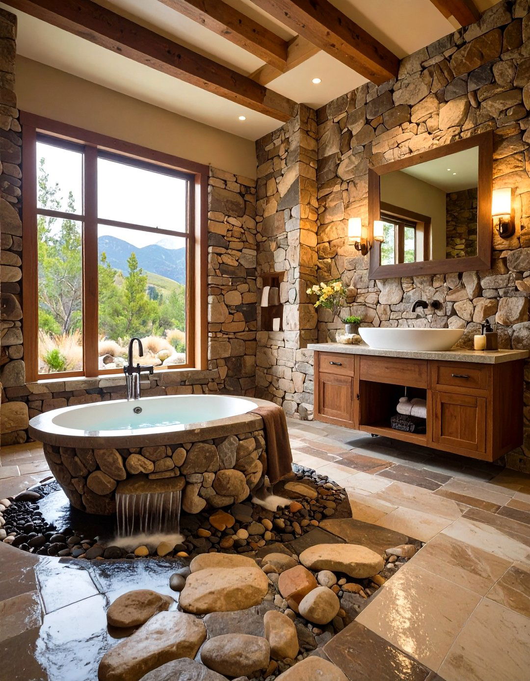Western Bathroom with Natural Stone Waterfall Features - 24 Western Bathroom Ideas