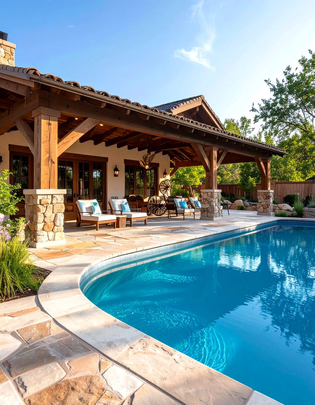 Western Style Pool House with Covered Breezeway - 24 Rustic Pool House Ideas