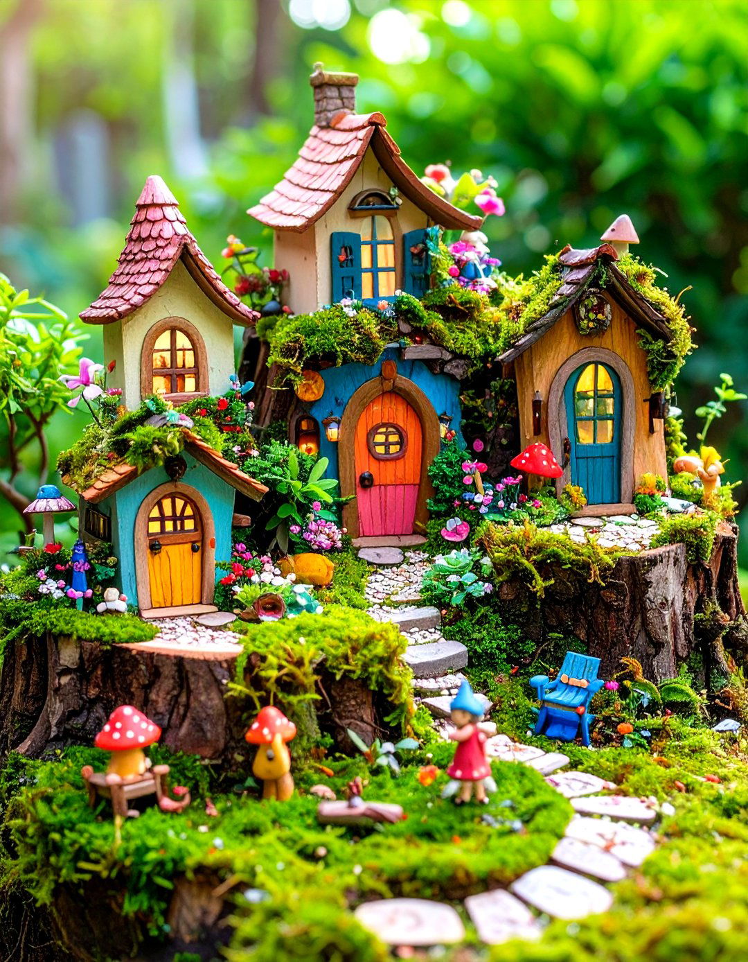 Whimsical Tree Stump Fairy Garden Village - 24 Tree Stump Decorating Ideas