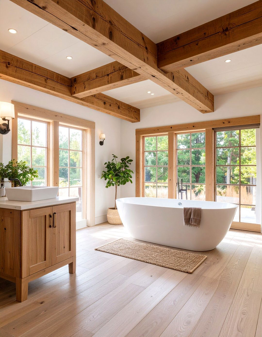 White Bathroom with Brown Wood Beam Ceiling - 24 Brown and White Bathroom Ideas