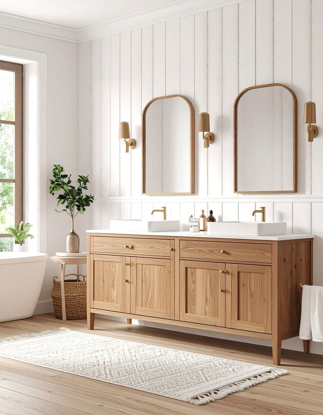 White Beadboard with Brown Wood Vanity - 24 Brown and White Bathroom Ideas