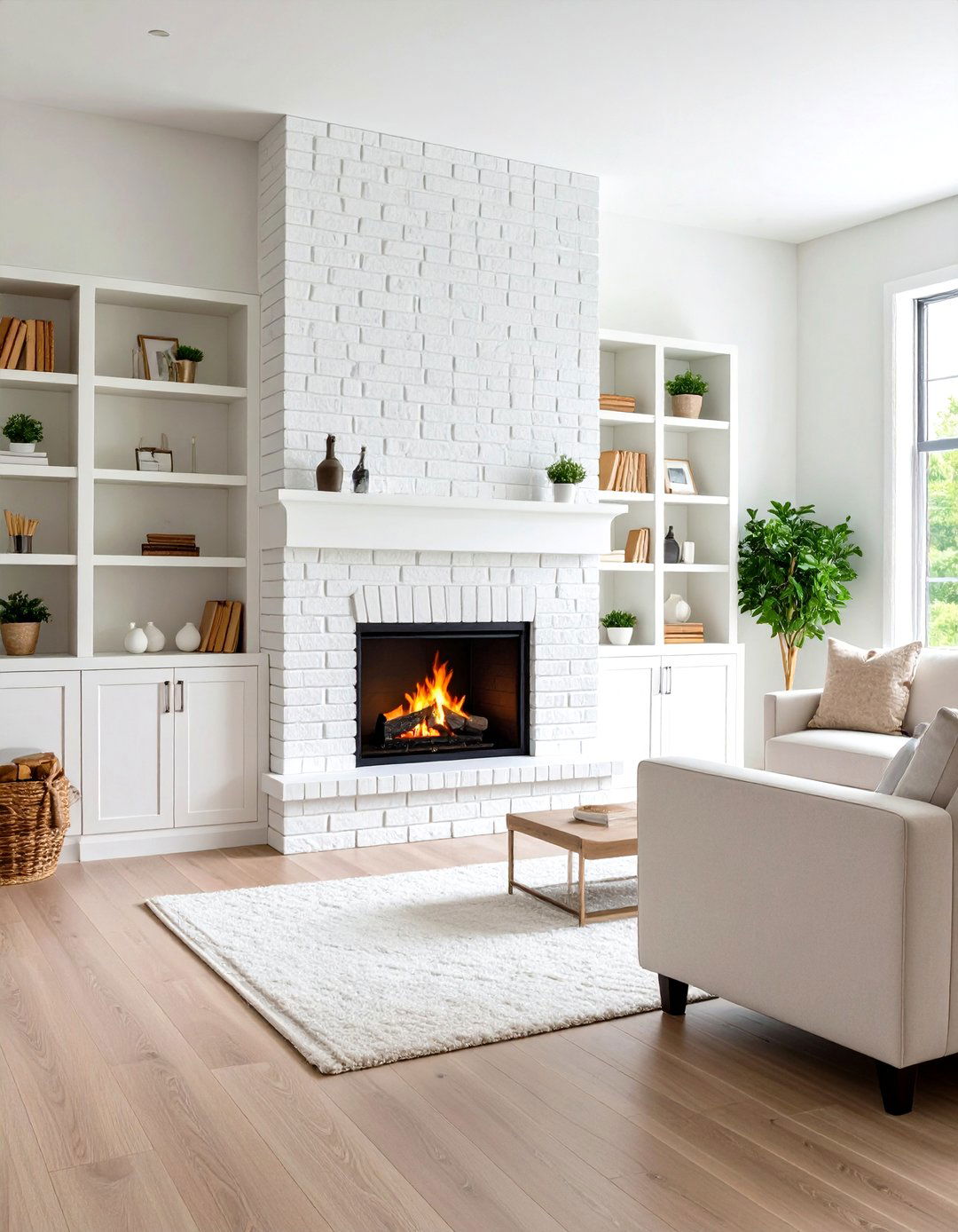 White Brick Fireplace with Built in Storage - 24 White Brick Fireplace Ideas