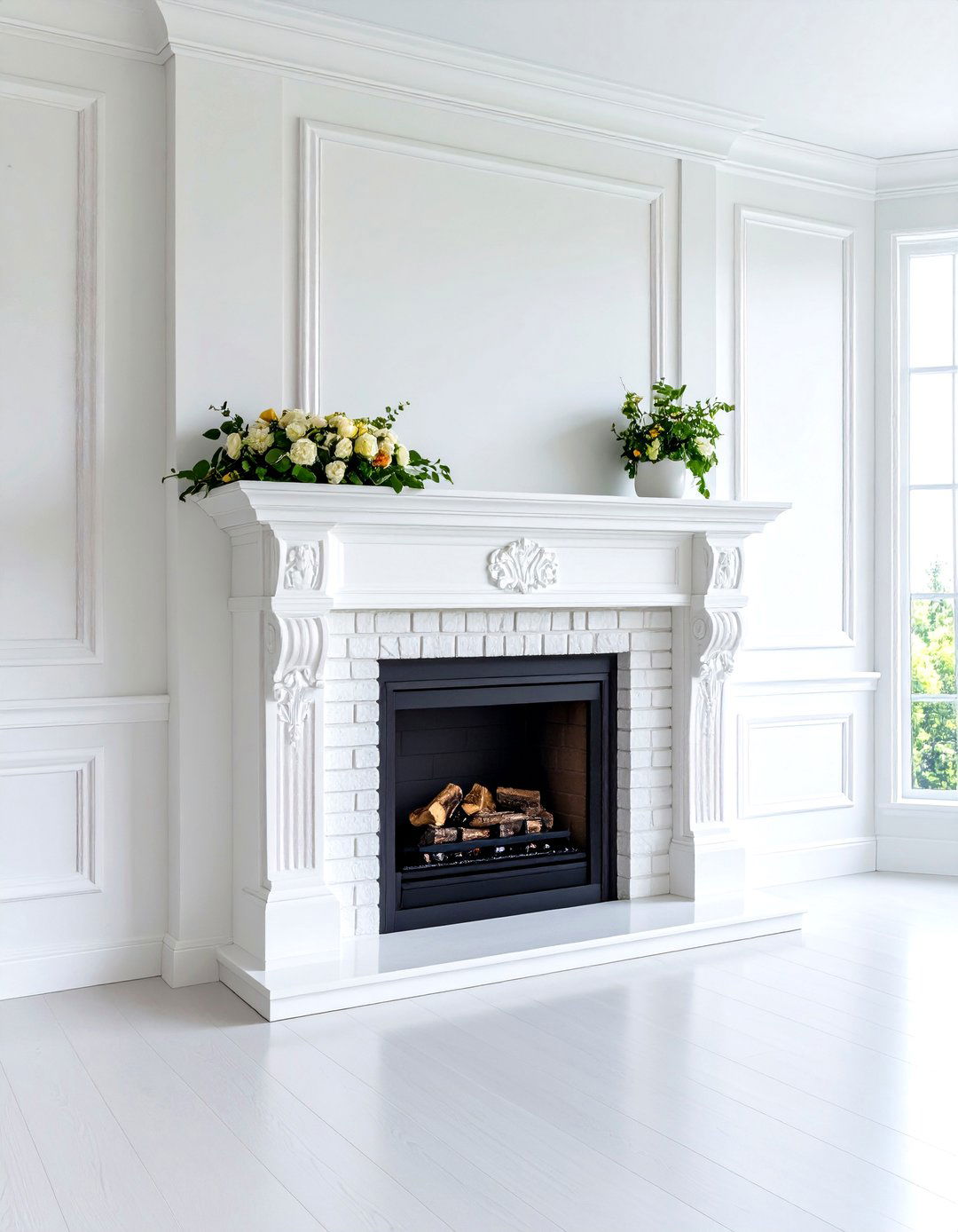 White Brick Fireplace with Corbel Details - 24 White Brick Fireplace Ideas