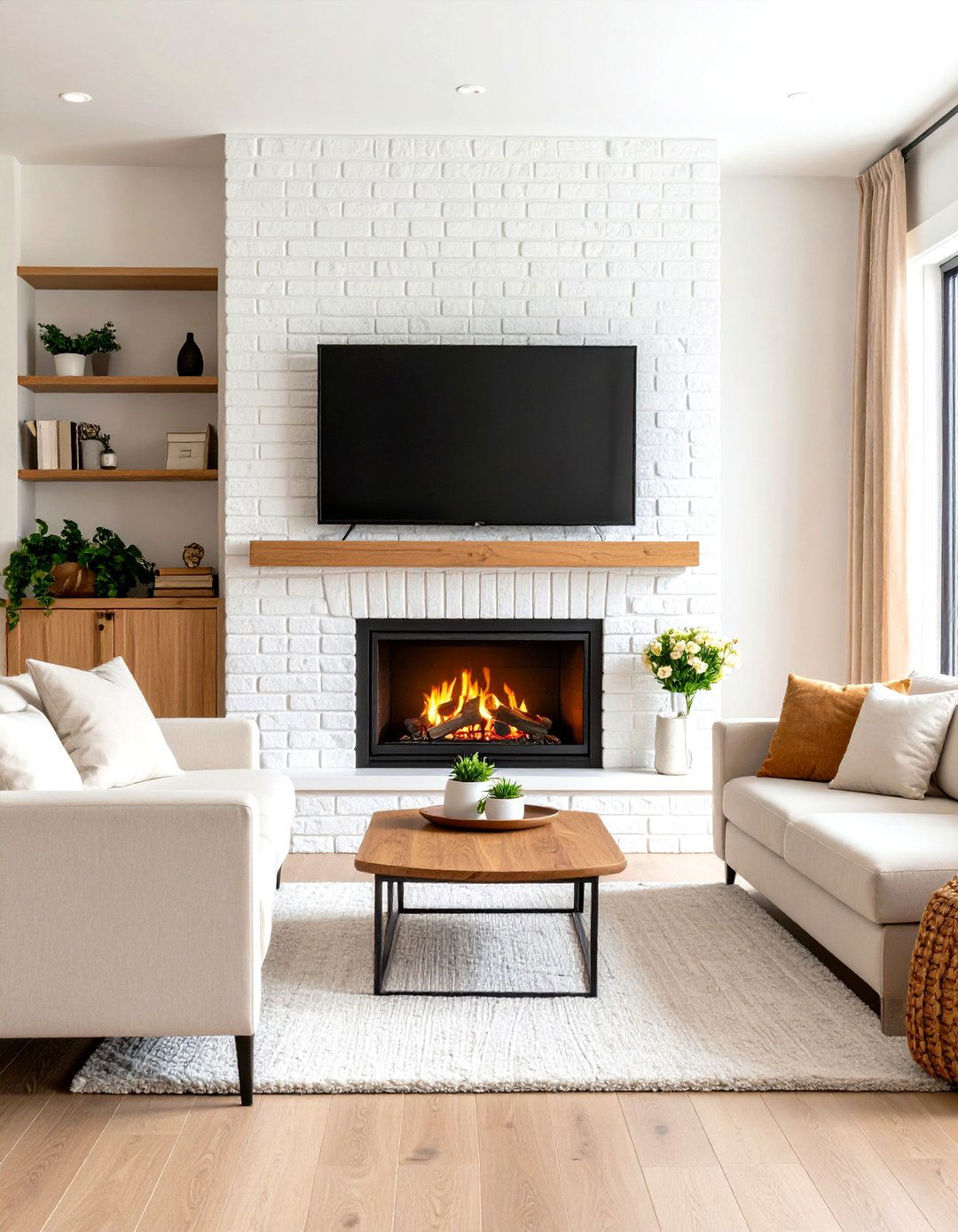 White Brick Fireplace with Mounted Television - 24 White Brick Fireplace Ideas