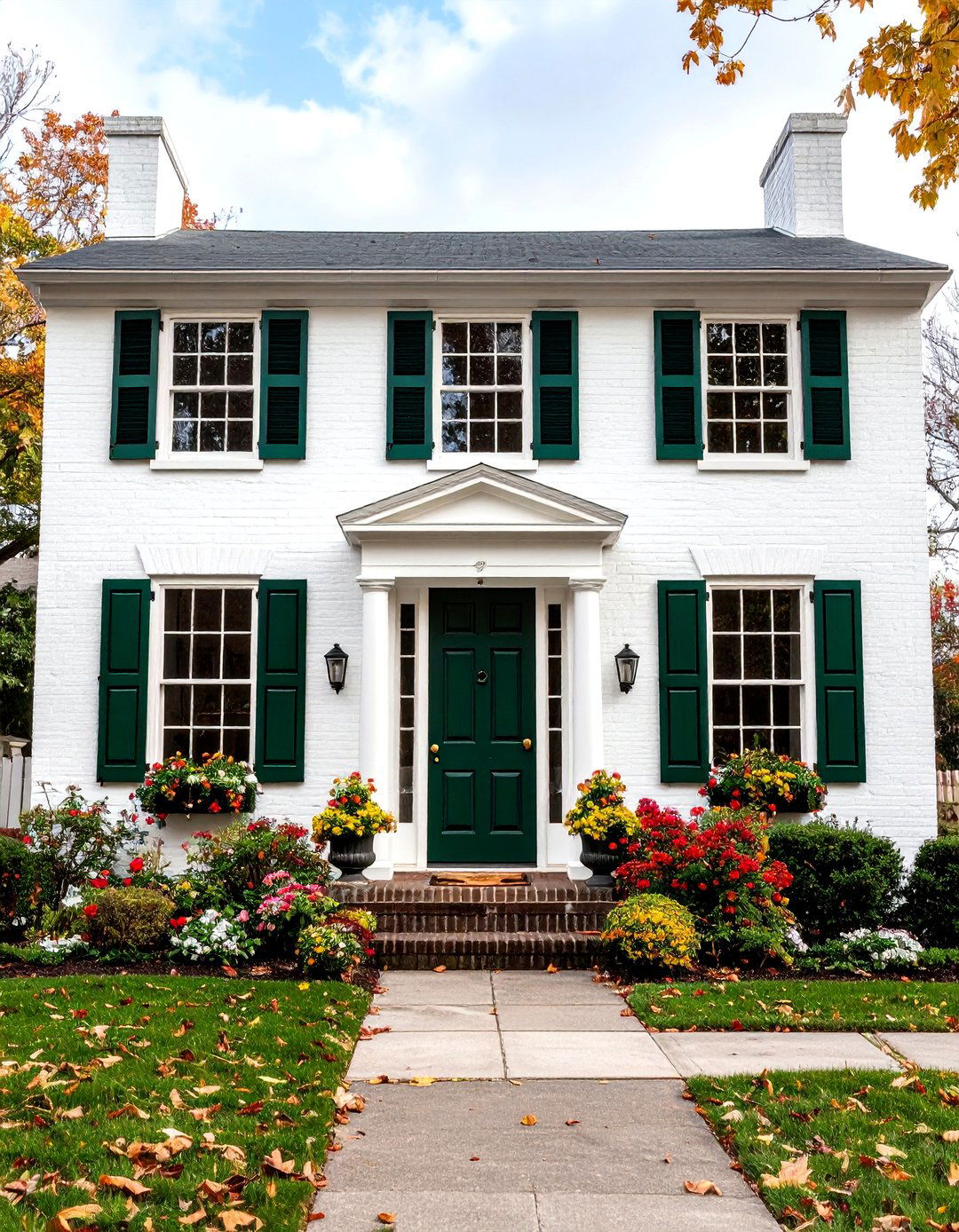 White Brick with Hunter Green Shutters - 24 Exterior Brick and Paint Color Combinations