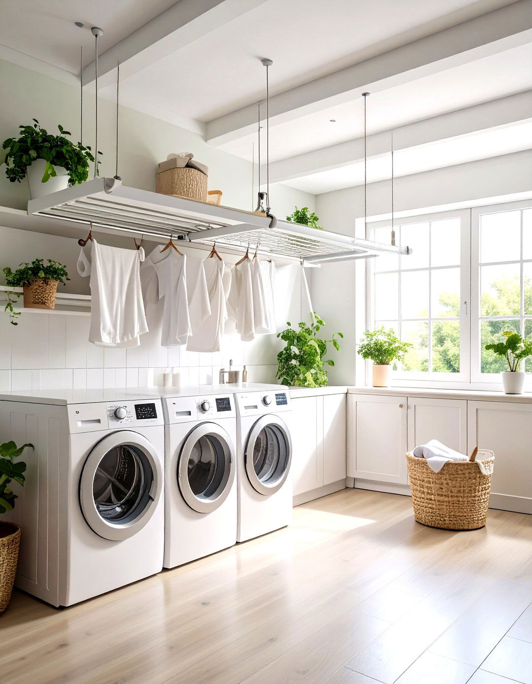 White Ceiling Mounted Drying Racks - 24 White Laundry Room Ideas