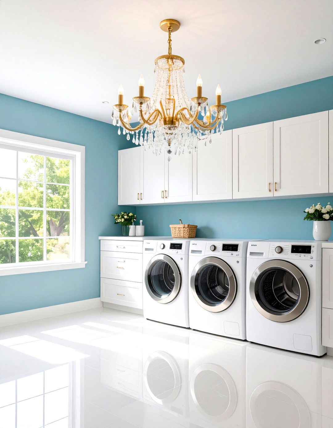 White Chandelier Statement Lighting - 24 White Laundry Room Ideas