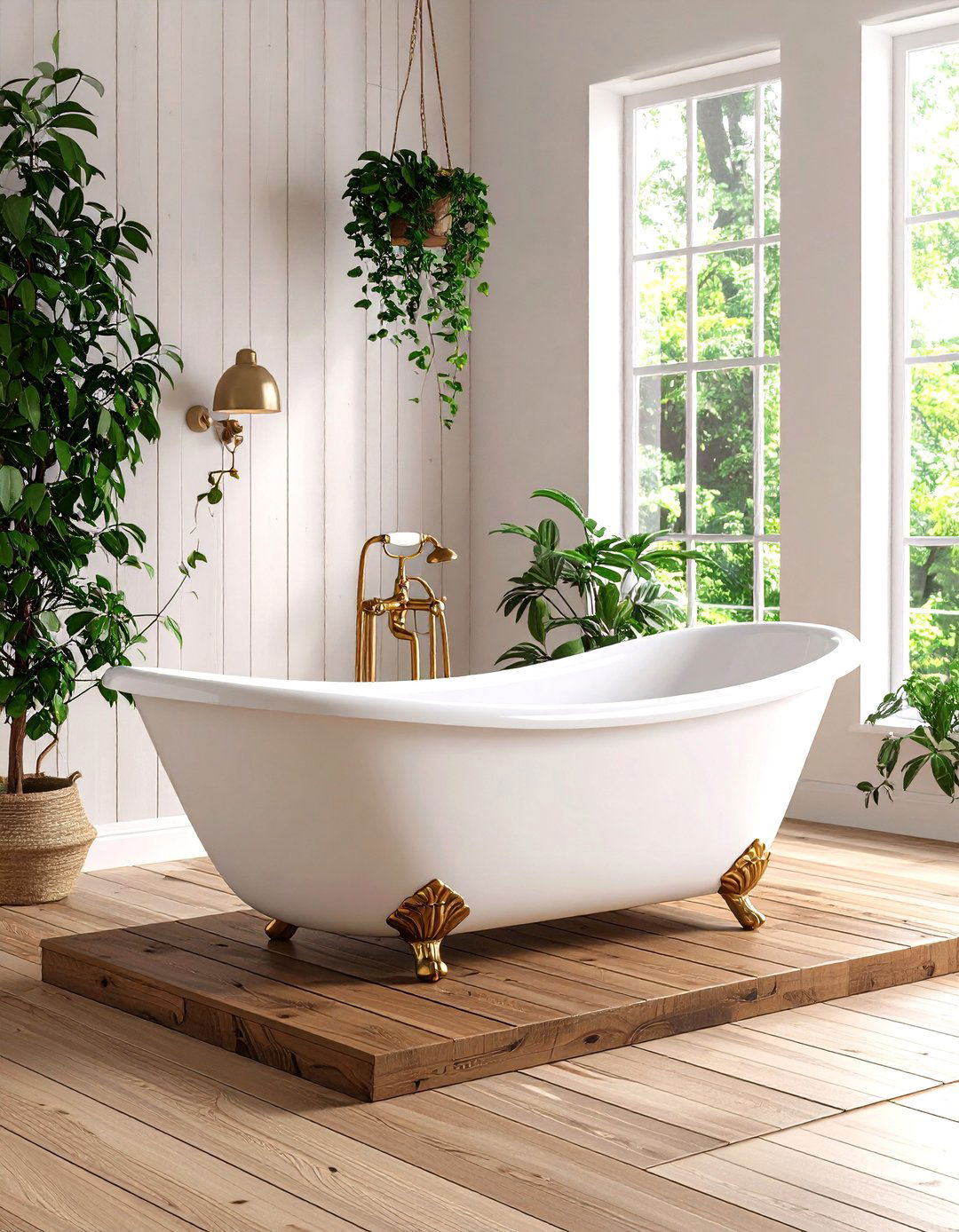 White Clawfoot Tub with Brown Wood Surround - 24 Brown and White Bathroom Ideas