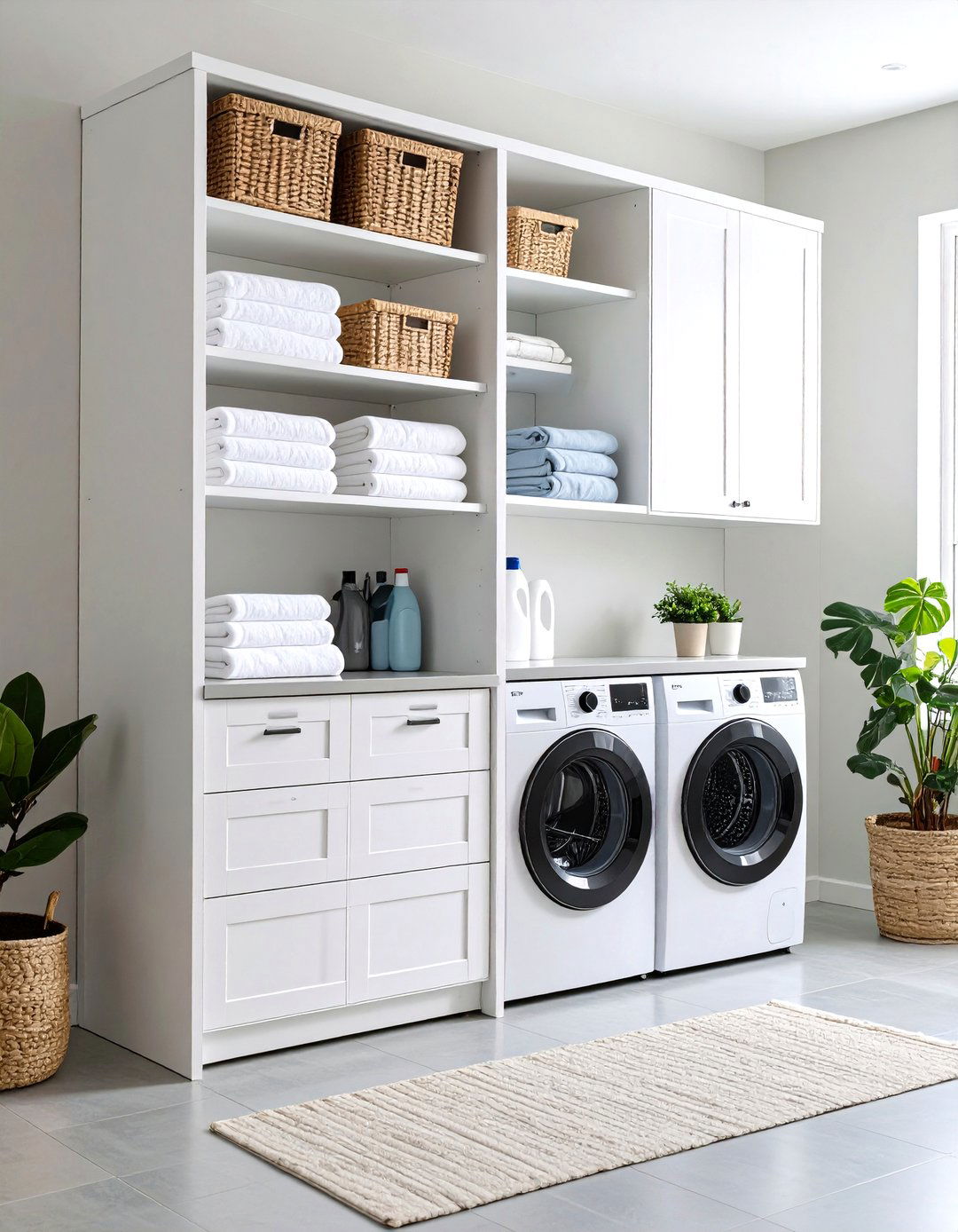 White Corner Storage Tower - 24 White Laundry Room Ideas