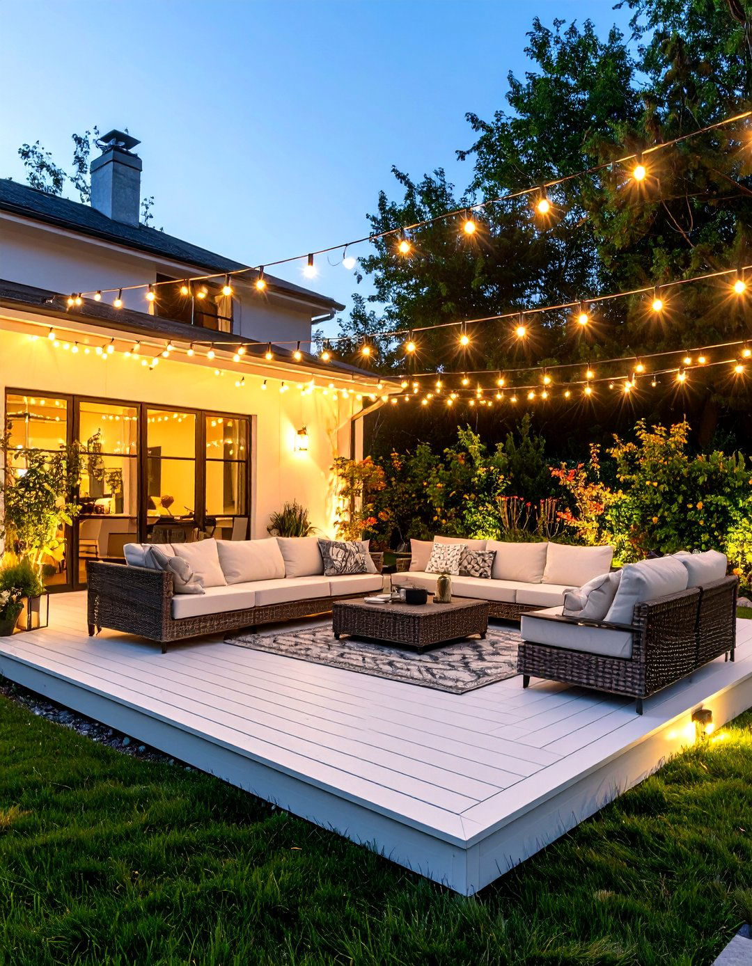 White Deck with String Lighting - 24 White Deck Ideas